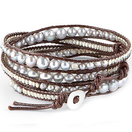 Product image for Leather Lagoon Wrap Bracelet with Leather Cording, Pearls & Beads